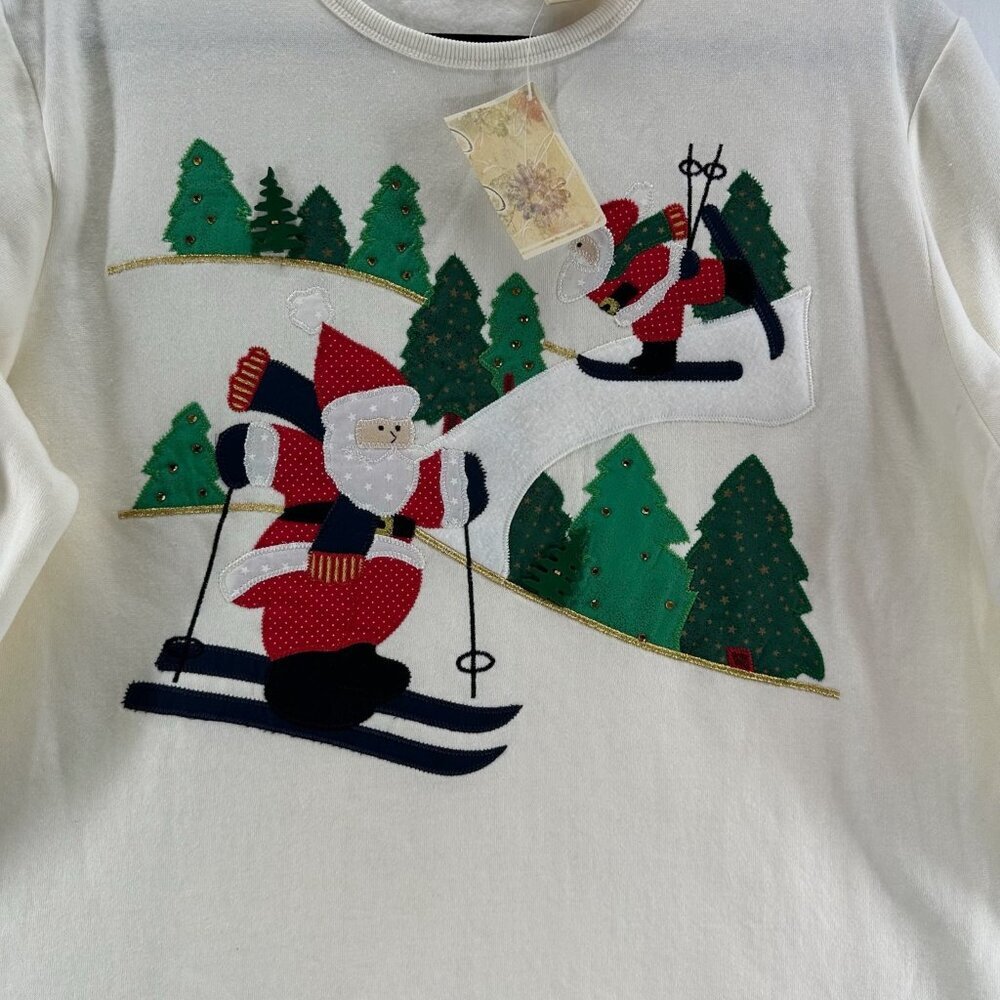 Bobbie Brooks Holiday Sweater L Christmas Tree Santa Embroidered Pullover Ivory - Picture 6 of 10
